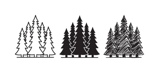 Obraz premium Group of Pine Trees Icon Set in Outline, Solid, and Doodle Styles