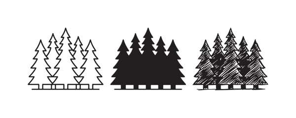 Fototapeta premium Simple Pine Tree Group Icon Set in Outline, Solid, and Doodle Styles