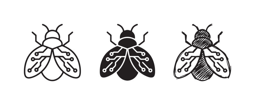 Digital Fly Computer Bug Icon Set with Circuit Board Wings in Line Art, Silhouette, and Scribble Sketch Styles