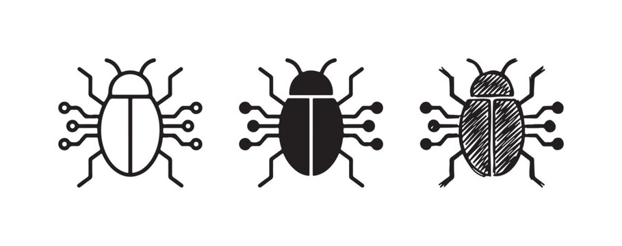 Digital Beetle Computer Bug Icon Set with Circuit Board Legs in Line Art, Silhouette, and Scribble Styles