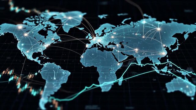 Digital world map with glowing data links in a modern style on a dark background, concept of global finance and connectivity