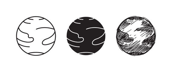 Set of planet icons with distinct surface patterns, presented in outline, filled, and rough sketchy drawing styles. © Ірина Гринюк