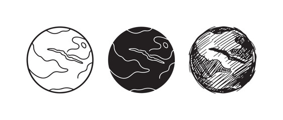 Planet icon featuring a prominent central "river" like feature, rendered in outline, solid, and freehand sketchy looks. © Ірина Гринюк