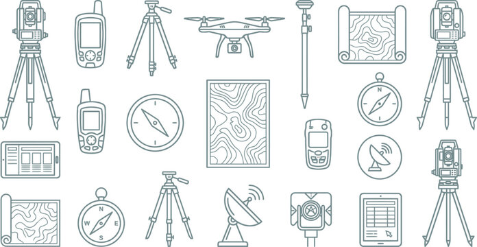 Detailed line art collection of essential land surveying equipment for professional cartography and mapping projects today