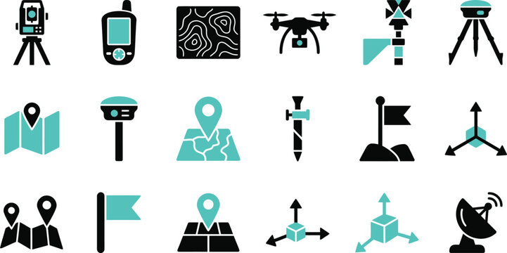 A collection of professional survey and mapping icons featuring modern black and teal graphic designs