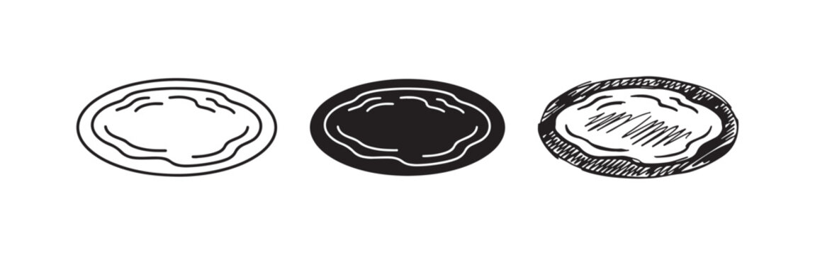 Round baked goods or dessert icons set in outline, solid, and hand-drawn styles, featuring a textured top, suitable for food-related designs.