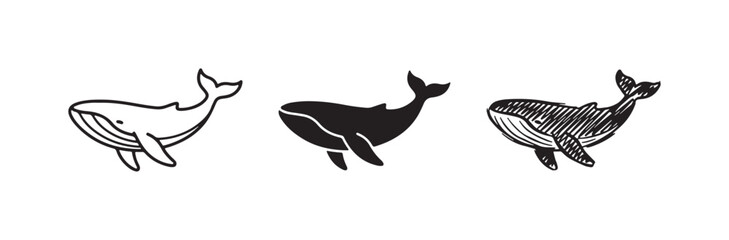 Obraz premium Whale icon set in outline, solid black, and hand-drawn sketch styles, depicting marine life with details on its underside