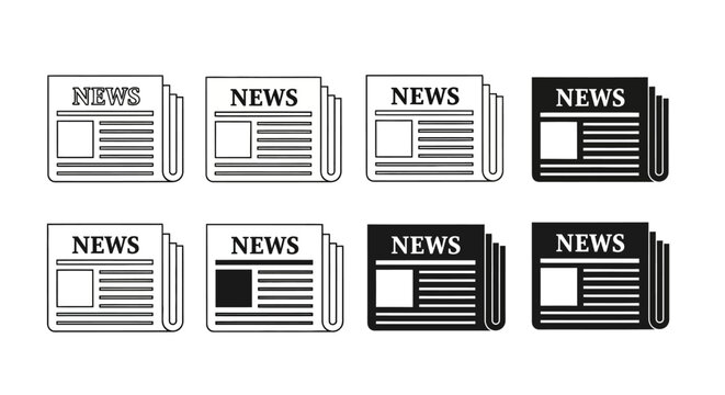 Set of black and white newspaper icons, representing daily news and information updates