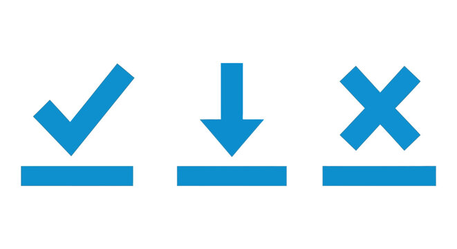 Set of three blue icons representing a checkmark for success, a downward arrow for download, and a cross for error or cancellation on a white background