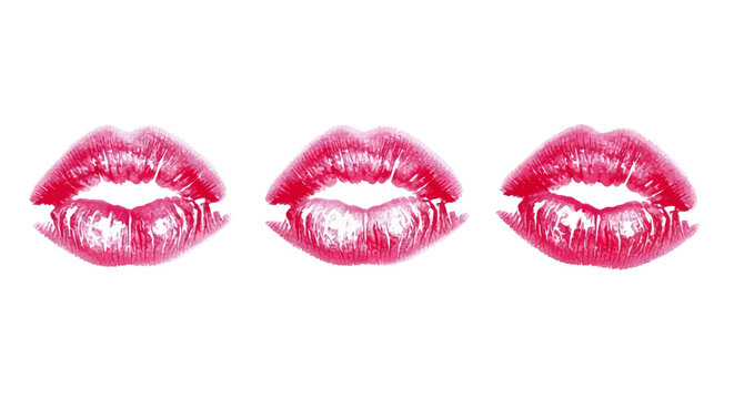 Three realistic bright red lipstick kiss marks, isolated on a pure white background, symbolizing love and affection