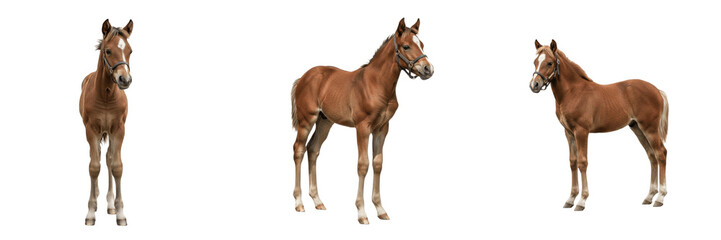 Obraz premium Set of Brown Horses Standing Purebred Stallion Profiles PNG Collection 