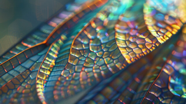 A closeup of a dragonflys wing highlighted with a slightly iridescent sheen. The microscopic structures on its wings allow it to repel water and remain lightweight while flying.