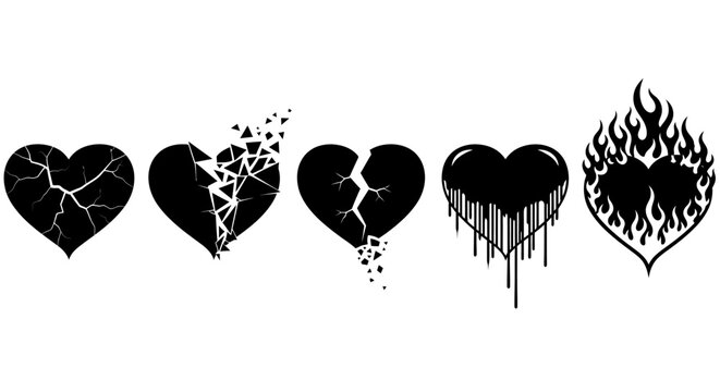 Vector set of stylized black hearts illustrating emotional states of heartbreak, passion, and distress, from cracks to fiery melting designs