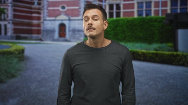 Man with moustache tilts head and squints at camera, standing in front of building; quiet confidence.