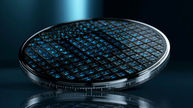 Futuristic AI Processor Wafer with Glowing Microchips and Semiconductor Architecture