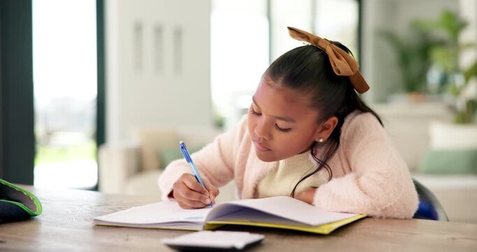 Homework, writing and child with notebook in home for learning, education and assessment. House, thinking and girl with pen for activity, assignment and lesson for studying, answer and development