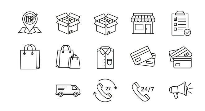 Comprehensive collection of linear icons for e-commerce, online shopping, and digital retail processes, encompassing delivery, payment, products, and customer support