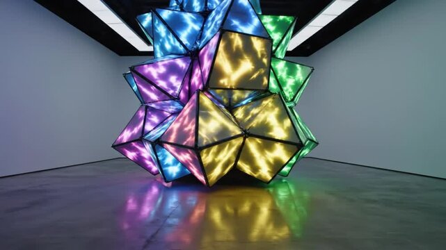 Mesmerizing geometric LED light installation in an art gallery reflecting colorful light patterns and abstract art.