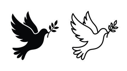 Naklejka premium Dove With Olive Branch Silhouettes Black And White Line Art