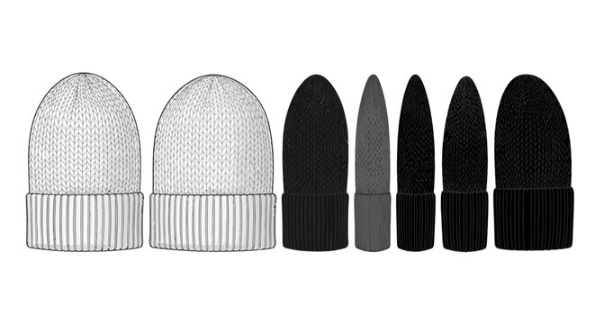 Collection of knitted hats with ribbed bottoms, including beanie and conical styles in black and white sketches