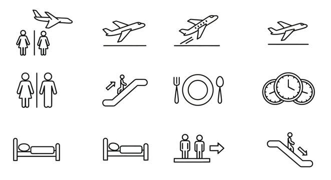 Set of diverse iconography representing travel, hospitality, and lifestyle amenities, including transportation, dining, and lodging