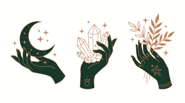 Elegant mystical green hands holding a crescent moon, quartz crystals and leafy branches with celestial stars on white background, Symbolizing spiritual healing and esoteric magic rituals