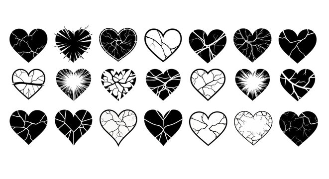 Comprehensive collection of broken heart vector illustrations, symbolizing profound emotional pain, grief, separation, and the fragility of love