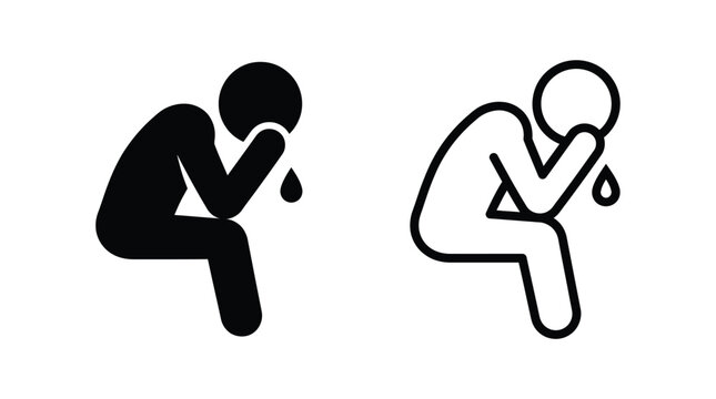 Crying person silhouette icon black and white outline style
