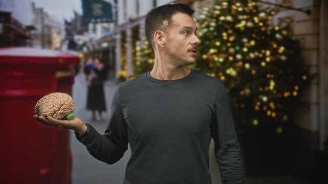Man holding a realistic brain prop in his bare hand while keeping a finger to lips for silence beside a red postbox on a street; secrecy curiosity mystery.