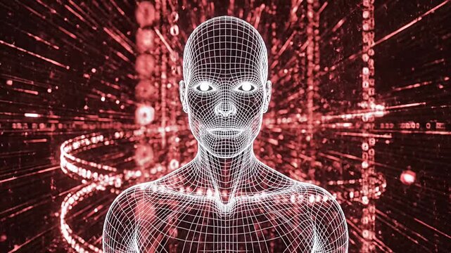 Digital human representation against red background with glowing lines