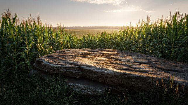 clean shaped rock platform front, lush cornfield behind, soft sunlight rays 