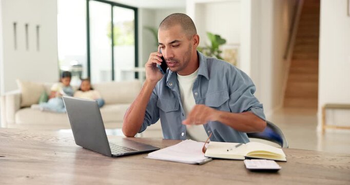 Man, laptop and phone call with book in home for financial advice, tax deduction or audit. Male person, writing or taking notes with diary, smartphone or computer for budget planning or expenses
