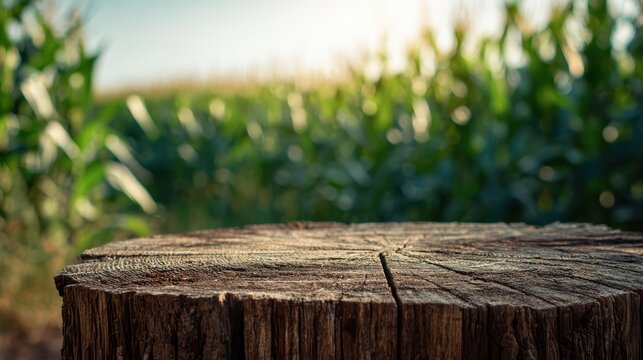 wooden stump in front as rustic platform, dense corn plantation behind, natural sunlight, shallow depth of field 