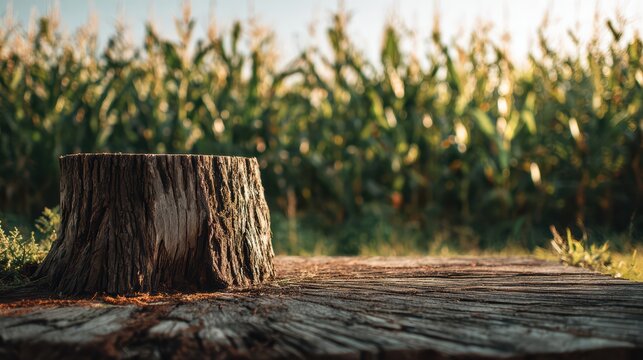 wooden stump in front as rustic platform, dense corn plantation behind, natural sunlight, shallow depth of field 