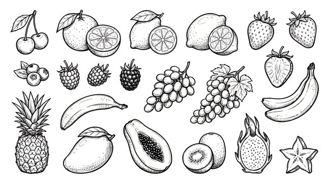 Collection of various hand drawn fruit sketches including tropical and berry varieties in vintage engraving style, symbolizing healthy organic food menus and representing aesthetic packaging