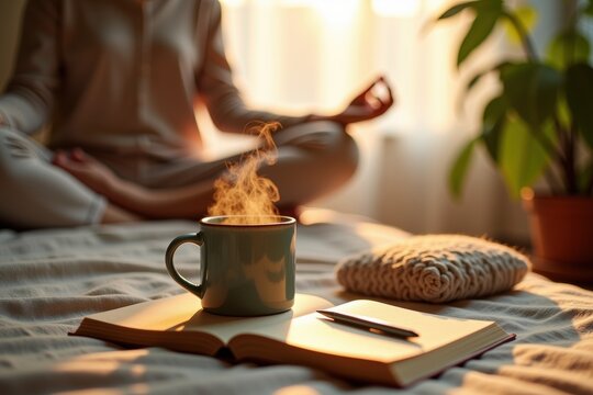 Steaming Mug of Tea on Book with Person Meditating in Background