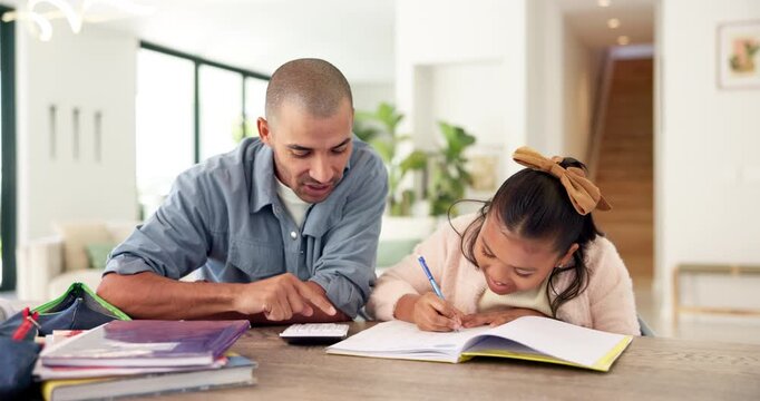 Learning, high five and dad with child with homework for maths, counting and help with activity. Family, development and father with happy girl for correct answer, calculator and books for education