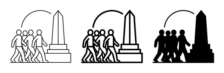 Fototapeta premium Group of People Walking Towards Monument, Silhouette and Outline Icons, Symbolizing Tourism, History, and Memorials