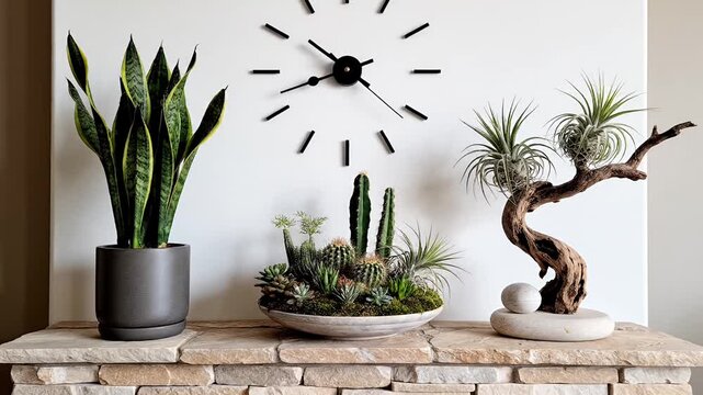 Decorated interior with plants and clock decorative home display