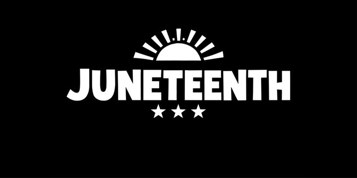 Juneteenth holiday stencil banner with transparent sun and stars cutout on black background.