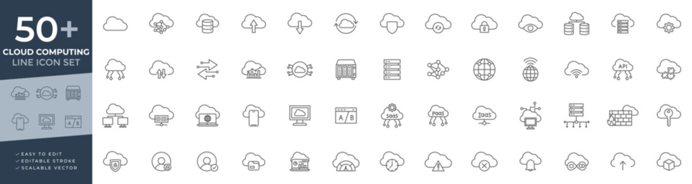 Cloud computing line icon set with storage, servers, cybersecurity, SaaS, and API infrastructure concepts used for web apps, hosting platforms, dashboard UI, network systems, and technology design