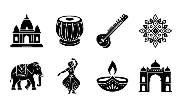Indian cultural silhouette vector set with architecture music art and traditional heritage icons