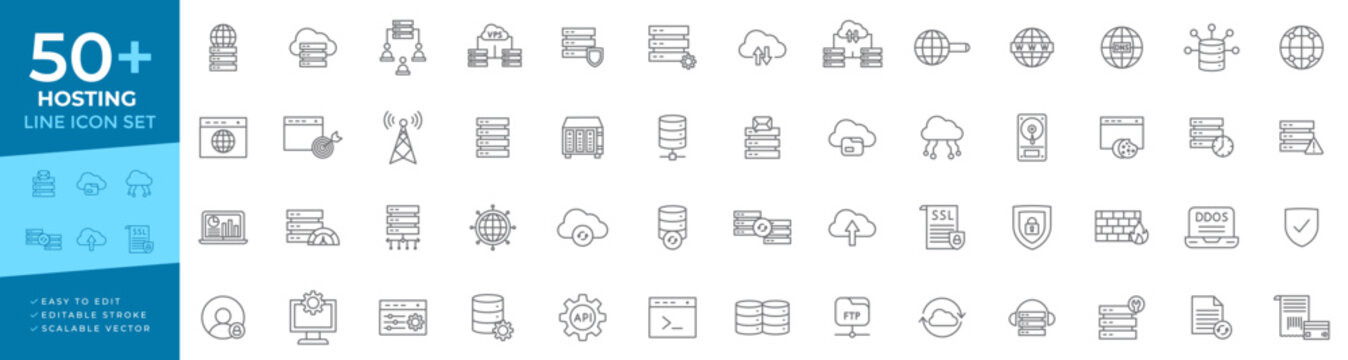 Hosting line icon set with servers, VPS architecture, DNS systems, cloud storage, SSL security, database management, and web hosting concepts for SaaS platforms and IT dashboards