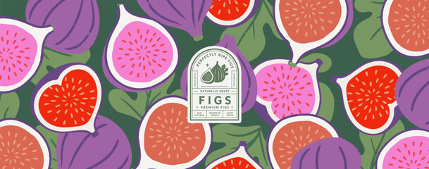 Fototapeta premium Fig. Vector botanical summer abstract illustration of sliced ​​fruits and leaves, vintage packaging label, pattern, tag, fabric, textile, background, and banner.