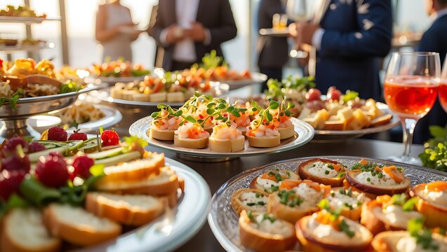 Delicious assortment of gourmet appetizers and refreshing drinks served at an elegant outdoor catered event