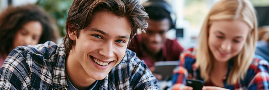 Diverse students in a lively classroom solving rapid vocabulary challenges on flashcards captured overtheshoulder with a blurred background of greenery and tech devices.