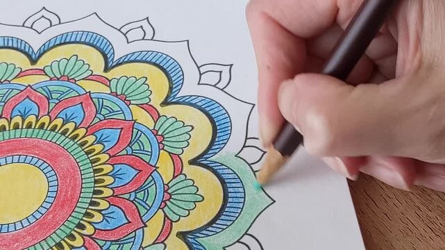 Hand carefully coloring an intricate mandala pattern with colored pencil. Creativity, meditation, art therapy, ASMR and stress relief through coloring.