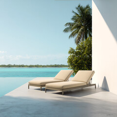 Fototapeta premium Two sun loungers on a modern villa terrace by the infinity pool. Minimalist luxury resort background with tropical sea view, palm tree, and blue sky. Summer vacation