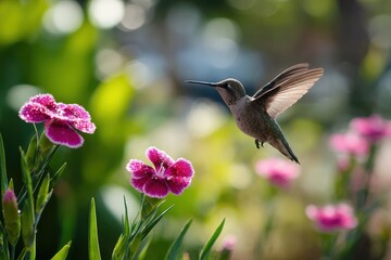 Obraz premium Hummingbird Hovering by Three Pink Dianthus in a Sunlit Garden â€” Close-Up Nature Moment