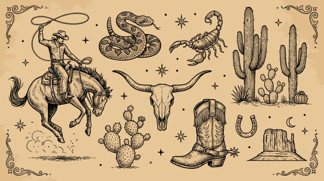 Vintage hand drawn wild west collection featuring cowboy on horse rattlesnake skull and cactus elements, symbolizing western heritage and providing assets for american frontier designs